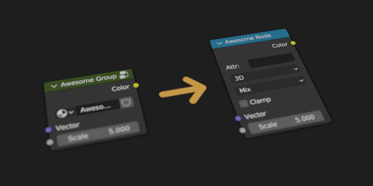 Screenshot of the Blender node editor showing a node group called "Awesome Group" and a node called "Awesome Node", with an arrow pointing from the group to the node. The node has the same inputs and outputs as the group, but additionally has several UI properties.