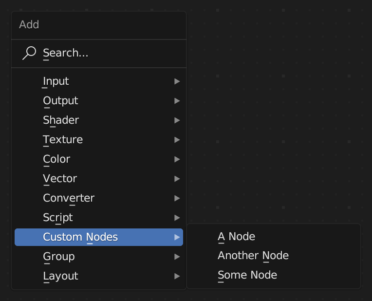Screenshot of Blender's Add node menu, showing a list of three custom nodes.