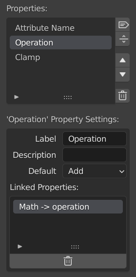 Screenshot of the "Property List" and "Property Settings" sections of the Node Kitchen, showing the settings for a property called "Operation".